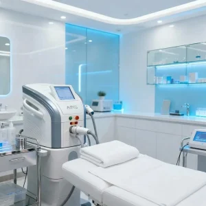 Modern dermatology clinic with aesthetic treatment system, treatment bed and clinical trolley
