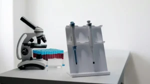 Laboratory microscope, blood-sample test tubes and micropipettes on a clean workbench